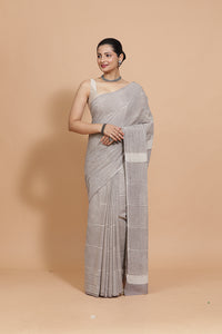 Hand Block Printed Grey Striped Cotton Mulmul saree