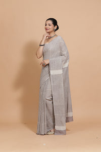 Hand Block Printed Grey Striped Cotton Mulmul saree