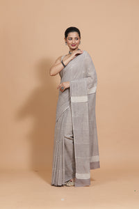 Hand Block Printed Grey Striped Cotton Mulmul saree