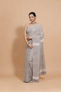 Hand Block Printed Grey Striped Cotton Mulmul saree