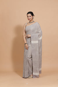 Hand Block Printed Grey Striped Cotton Mulmul saree