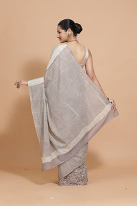 Hand Block Printed Grey Striped Cotton Mulmul saree