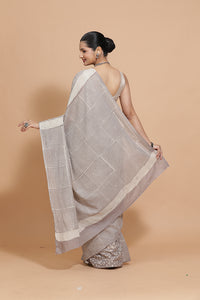 Hand Block Printed Grey Striped Cotton Mulmul saree