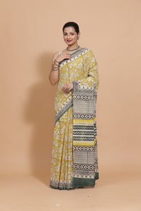 Hand Block Printed Mustard Cotton Mulmul saree