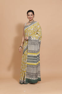 Hand Block Printed Mustard Cotton Mulmul saree