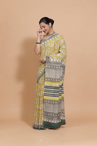 Hand Block Printed Mustard Cotton Mulmul saree