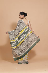 Hand Block Printed Mustard Cotton Mulmul saree