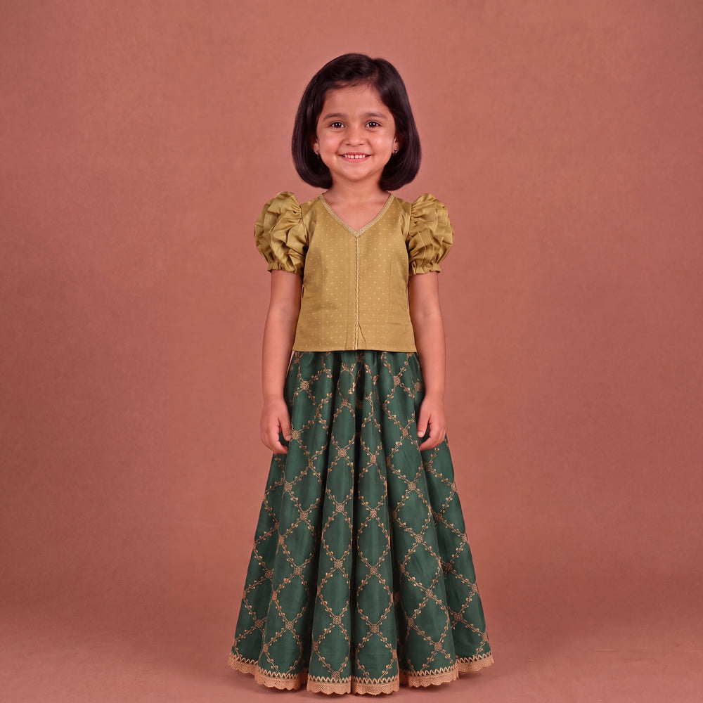 Timtim x Tyohaar | Gold & Dark Green Chandheri-Brocade Ruffle Sleeve Lehenga Set
