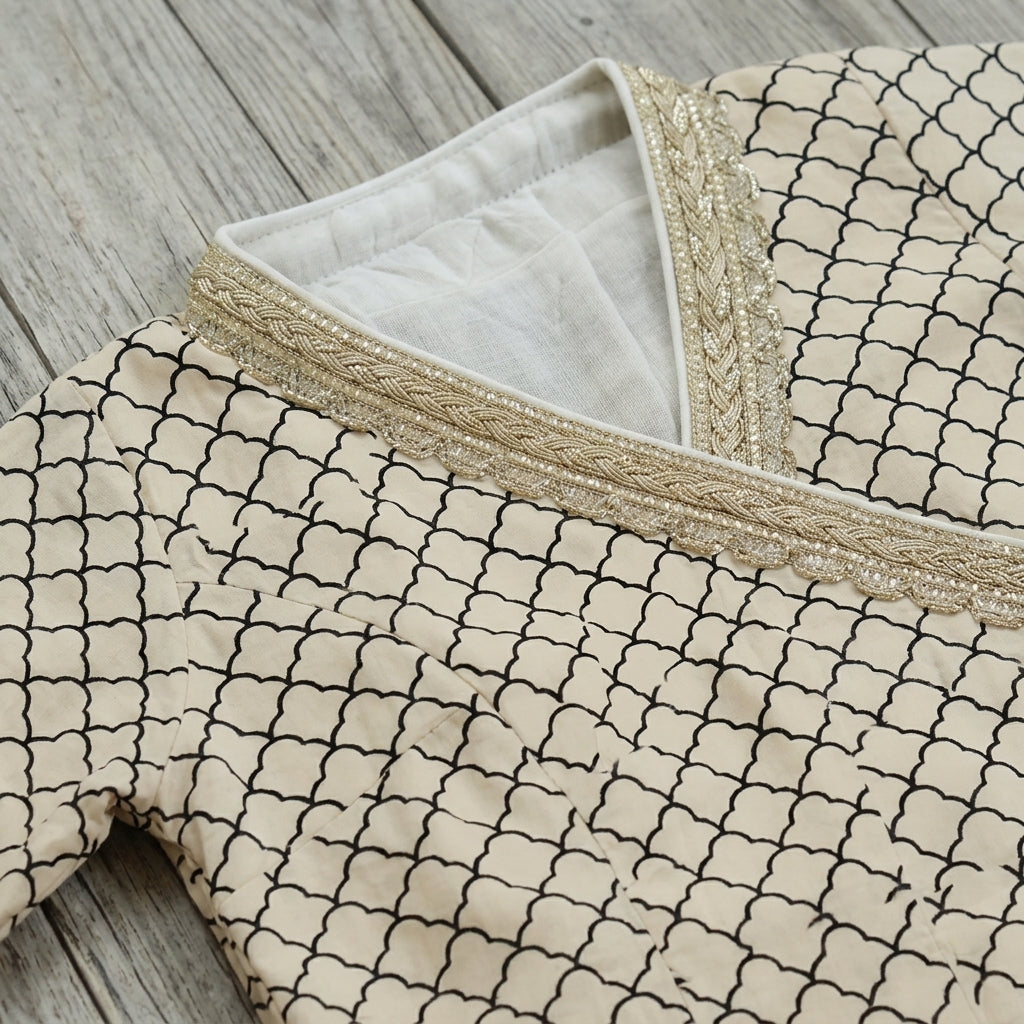 Mimi x Tyohaar | Angrakha-Sharara Set in Cream Fishscale Block Print Cotton