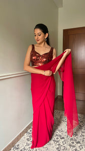 Kanika x Tyohaar | Sleeveless Red Sequined Saree Blouse with Sweetheart Neck