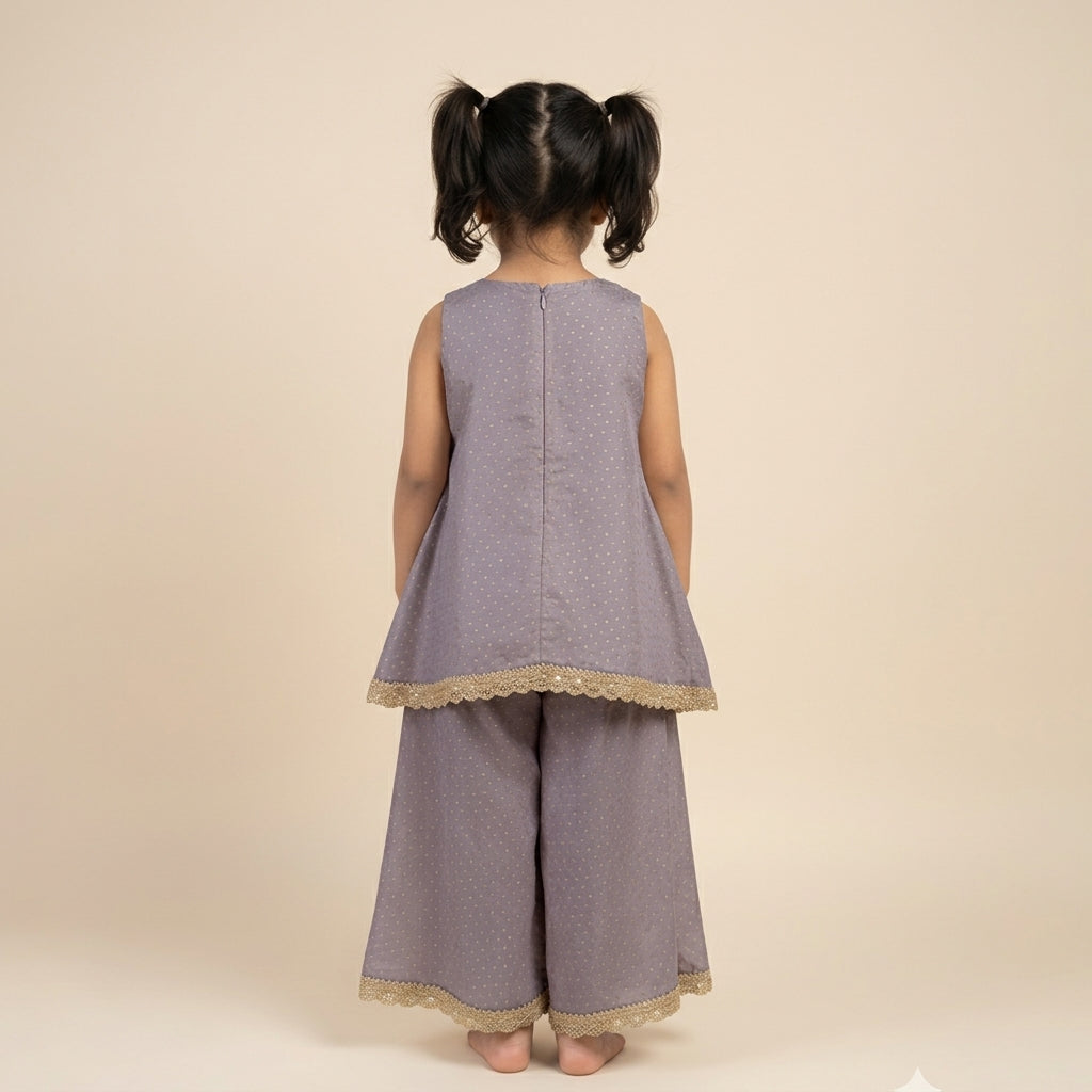 Kitty x Tyohaar | Lilac Foil Chandheri Tent Style Kurta & Flared Pant Set