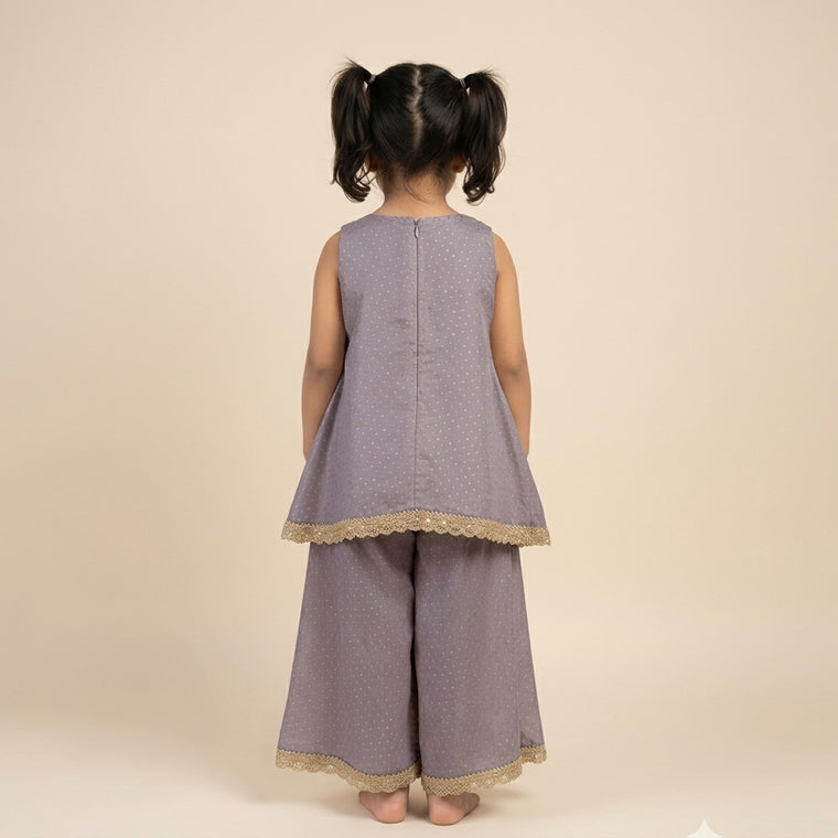 Kitty x Tyohaar | Lilac Foil Chandheri Tent Style Kurta & Flared Pant Set