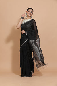 Maheshwari Cotton Silk Black Chameli Butta Saree with Silver Border