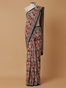 Hand Block Printed Floral Red Cotton Mulmul saree