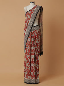 Hand Block Printed Cotton Tomato Red Mulmul saree