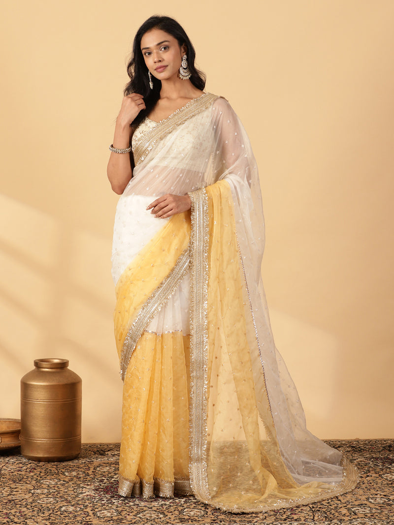 Bright Yellow & White Organza Sequin Butta Saree With Designer Embroidered Lace