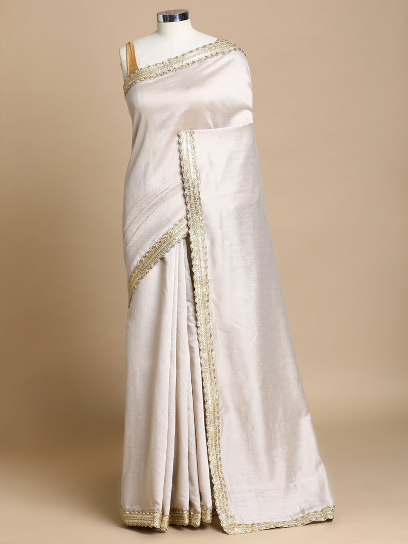 Anwesha x Tyohaar | Oyster Grey Foil Chandheri Saree With Designer Embroidered Lace