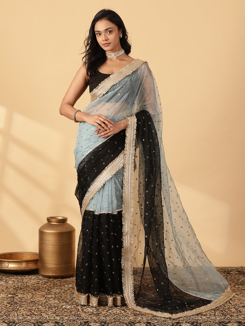 Blue & Black Organza Sequin Butta Saree With Designer Embroidered Lace