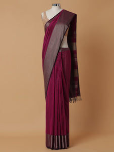 Maheshwari Cotton Silk Magenta Saree With Big Border