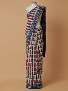 Hand Block Mango Motif Printed Cotton Mulmul saree