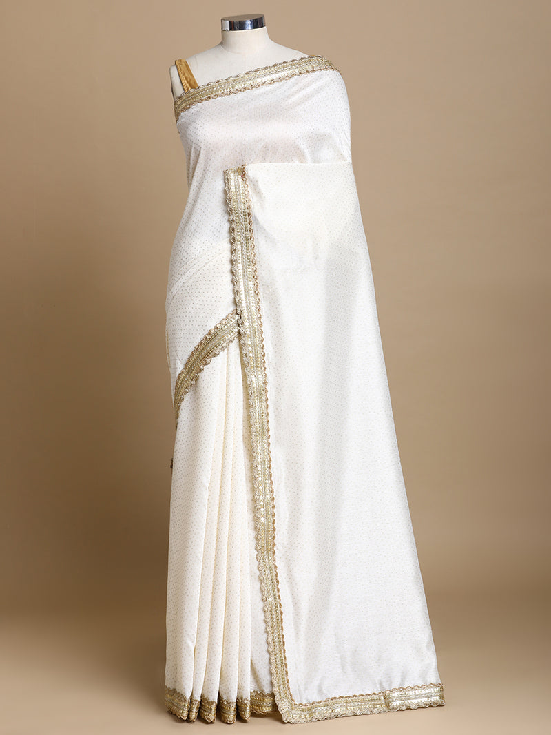 Anwesha x Tyohaar | White Foil Chandheri Saree With Designer Embroidered Lace