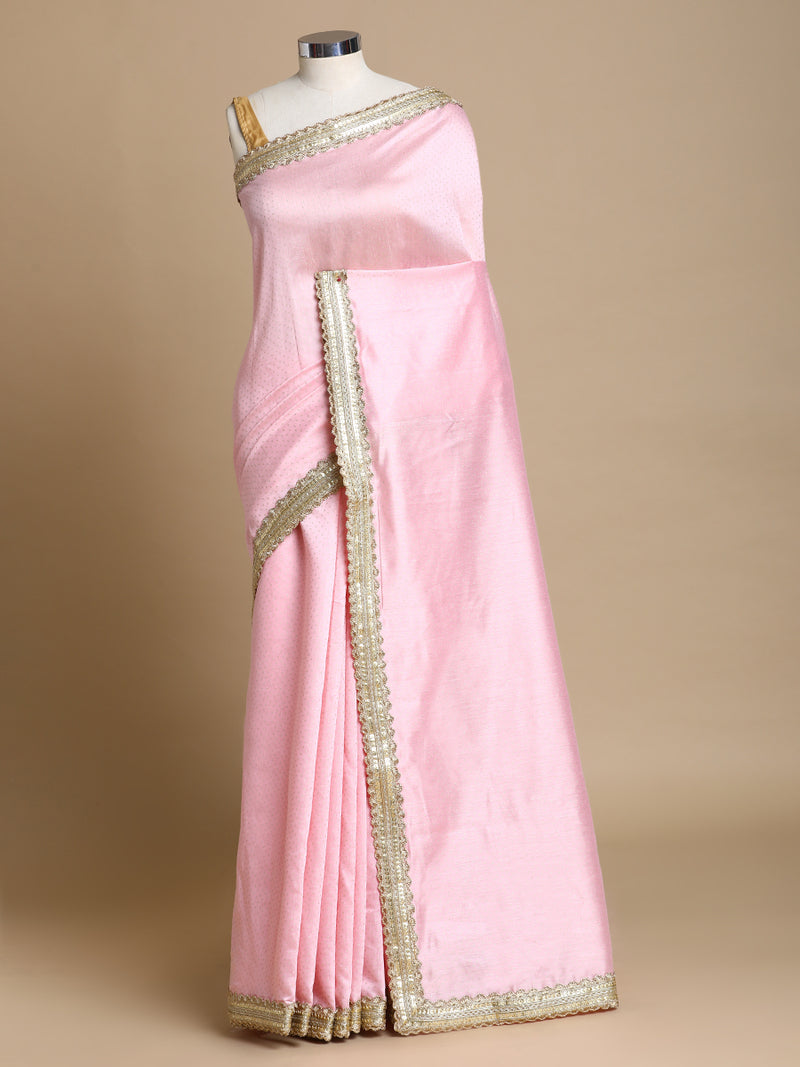 Anwesha x Tyohaar | Pink Foil Chandheri Saree With Designer Embroidered Lace