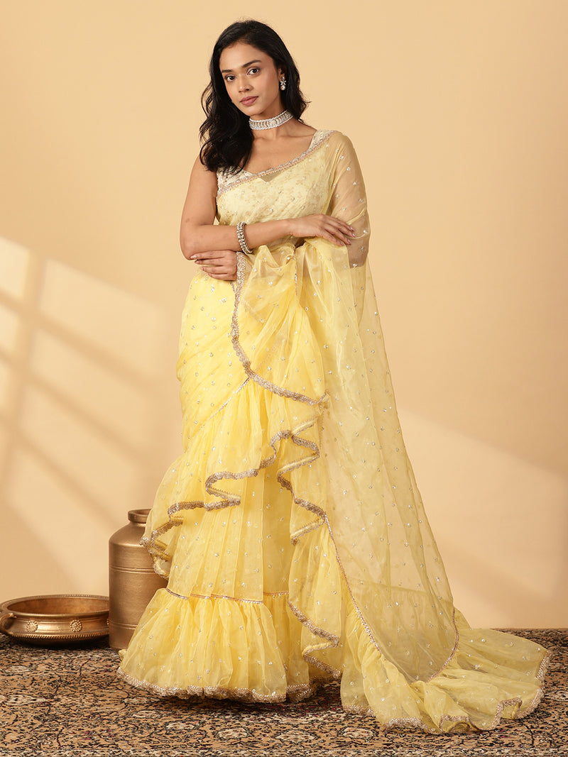 Light Yellow Organza Sequin Butta Ruffle Saree With Designer Lace