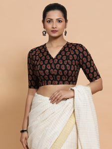 Ishani x Rozaana | Elbow Sleeves Cotton Saree Blouse in Black Mango Block Print Fabric