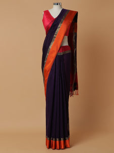 Maheshwari Cotton Silk Deep Purple Saree With Ganga-Jamuna Border