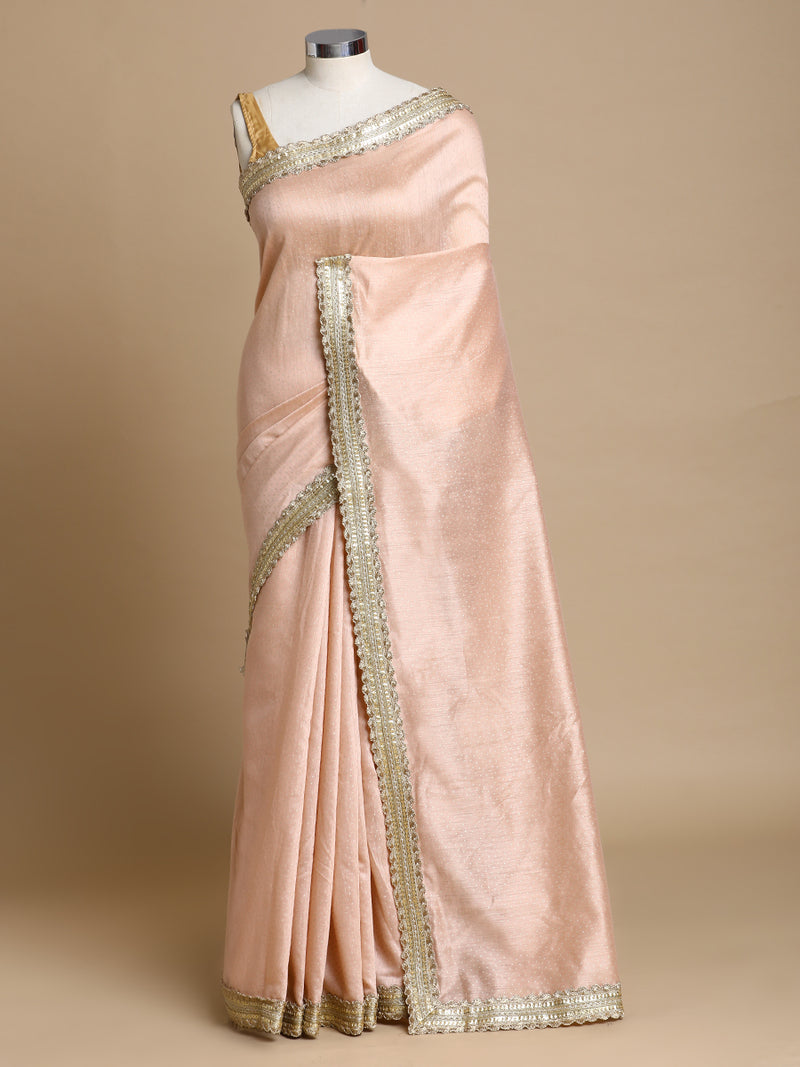 Anwesha x Tyohaar | Muted Copper Foil Chandheri Saree With Designer Embroidered Lace