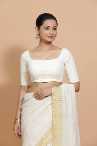 Vritika x Rozaana | Scoop Neck Ivory Mist Plain Cotton Saree Blouse