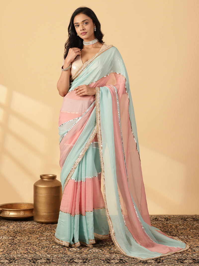 Cloudy Pink & Powder Blue Viscose Organza Multi Panelled Saree With Designer Lace