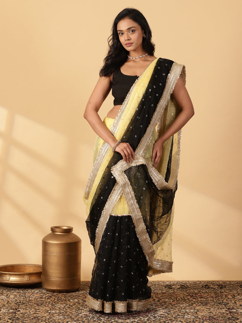 Light Yellow & Black Organza Sequin Butta Saree With Designer Embroidered Lace