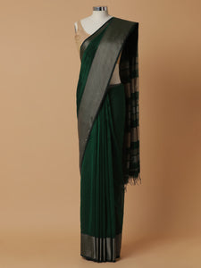 Maheshwari Cotton Silk Dark Green Saree With Big Woven Border