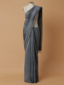 Maheshwari Cotton Silk Grey Chameli Butta Saree with Silver Border