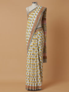 Hand Block Lotus Printed Cotton Mulmul saree