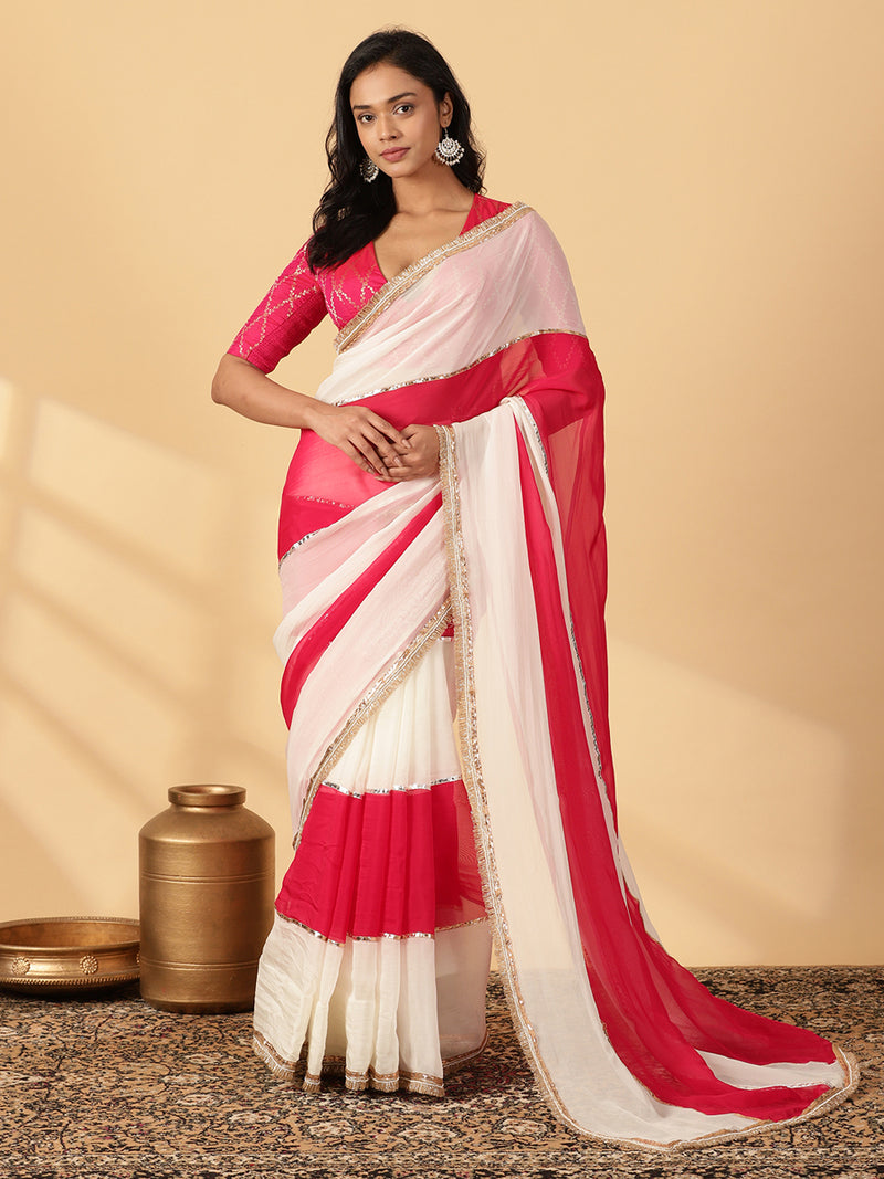 Pink Rush & Frost White Viscose Organza Multi Panelled Saree With Designer Lace