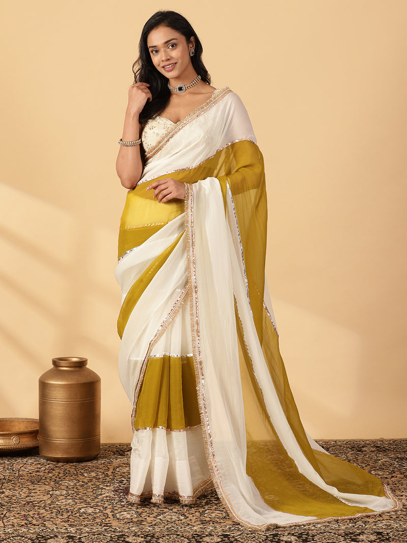 Amber Olive & Frost White Viscose Organza Multi Panelled Saree With Designer Lace