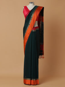 Maheshwari Cotton Silk Peacock Green Saree With Ganga-Jamuna Border