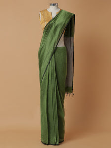 Maheshwari Cotton Silk Green Striped Saree With Silver Border