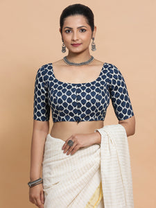 Vidhi x Rozaana | Three Quarter Sleeves Cotton Saree Blouse in Indigo Blue Leaf Block Print Fabric