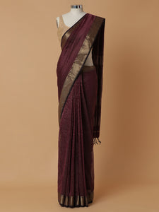 Maheshwari Cotton Silk Wine Pin Check Zari Saree