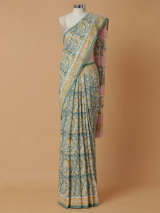 Hand Block Printed Green Cotton Mulmul saree