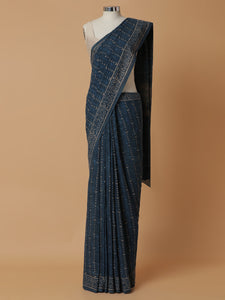 Hand Block Printed Dark Blue Cotton Mulmul saree