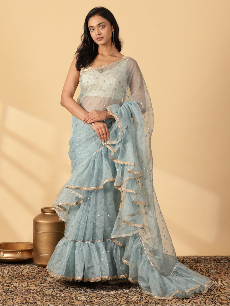 Mint Blue Organza Sequin Butta Ruffle Saree With Designer Lace