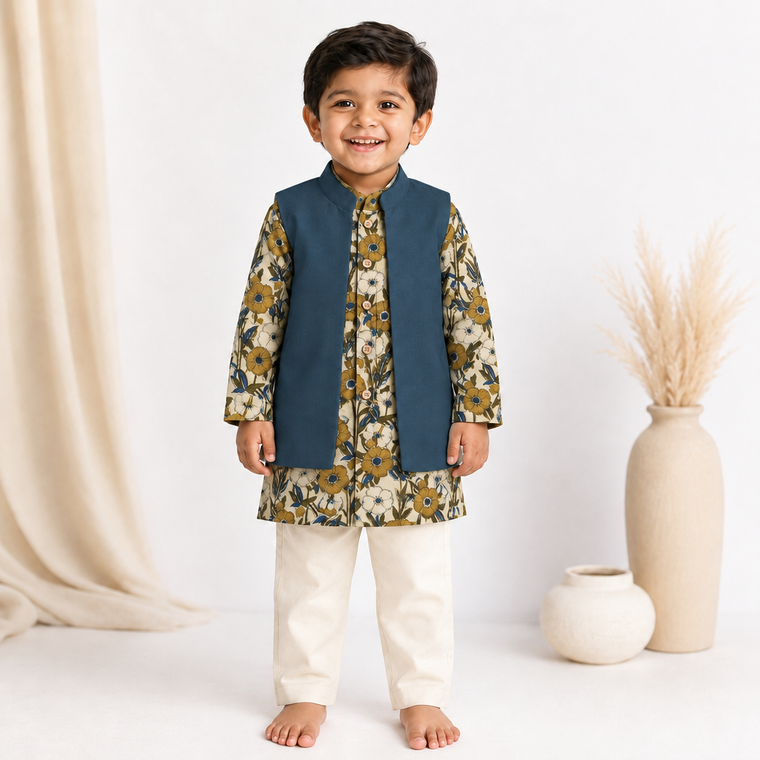 Oran x Tyohaar | Kurta Pant & Jacket Set in Cream Meadow Block Print Cotton & Linen