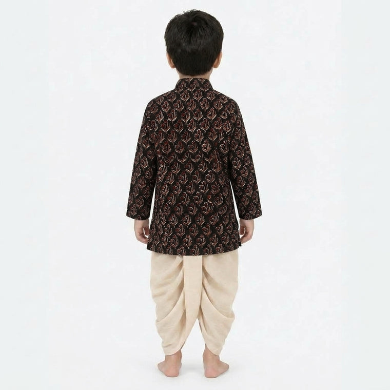 Rudra x Tyohaar | Kurta & Dhoti Pant Set in Midnight Lily Block Print Cotton & Linen