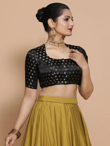 Afreen x Tyohaar | Elbow Sleeves Satin Viscose Saree Blouse in Black Butta Fabric