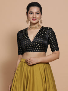 Nida x Tyohaar | Elbow Sleeves Satin Viscose Saree Blouse in Black Butta Fabric