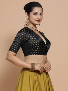 Nida x Tyohaar | Elbow Sleeves Satin Viscose Saree Blouse in Black Butta Fabric